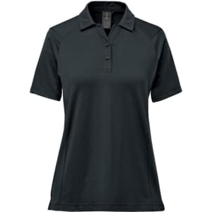 A women's polo shirt in a dark green colour, featuring a collar and short sleeves. The shirt includes a small logo.