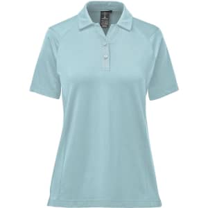 A light aqua women's polo shirt with a collar and short sleeves, featuring a logo on the chest.