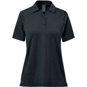 A women's polo shirt in dark green with a buttoned collar and short raglan sleeves, featuring a logo.