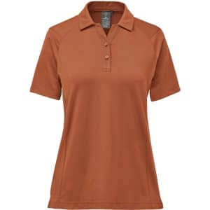 A women's polo shirt in a warm brown colour, featuring a collar and short sleeves. The shirt has a logo.