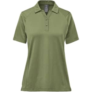 A women's polo shirt in olive green with short sleeves and a collar. It features a logo on the chest.