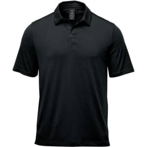 A black polo shirt with short sleeves, featuring a collar and an embroidered logo.