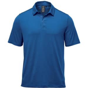 A blue polo shirt featuring a collar, short sleeves, and a three-button placket. It has a logo on the chest.