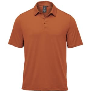 A short-sleeved, rust-coloured polo shirt featuring a collar and a logo.