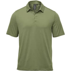 A green men's polo shirt with a collar, short sleeves, and a logo on the chest.