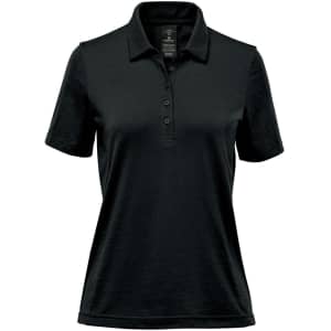 A black polo shirt featuring a collar, short sleeves, and a button placket. It has a logo on it.