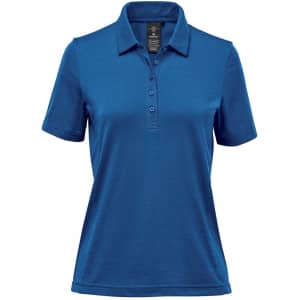 A blue women's polo shirt with a collar, featuring a logo and designed for casual wear.