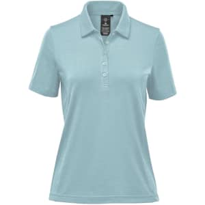 A light blue women's polo shirt with a collar and buttons, featuring a branded logo.