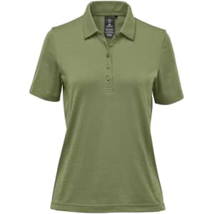 A women's polo shirt in a green hue featuring a collar and button placket, with a logo on the chest.