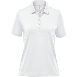 A white women's polo shirt with a collar, short sleeves, and a buttoned placket. It features a logo.
