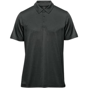 A dark grey short-sleeved polo shirt with a collar and three buttons, featuring a logo.