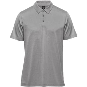 A grey men's polo shirt with a three-button placket and short sleeves, featuring a logo on the label.