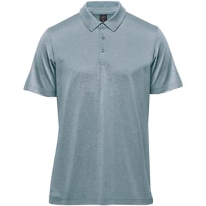 A men's polo in a light blue colour, featuring a collar and three-button placket, with branding on the chest.