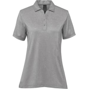 A women's polo shirt in grey with a classic collar and short sleeves, featuring a logo on the garment.