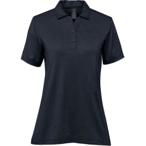 A navy women's polo shirt with a collar, short sleeves, and a button placket, featuring a logo.