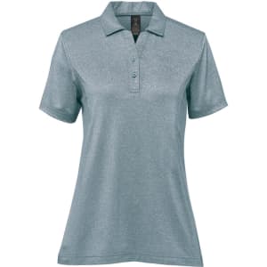 A women's polo shirt in a light blue shade with a collar and short sleeves, featuring a logo on the chest.
