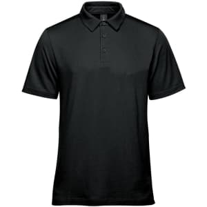 A black men's polo shirt with a classic collar, three buttons, and a small logo.