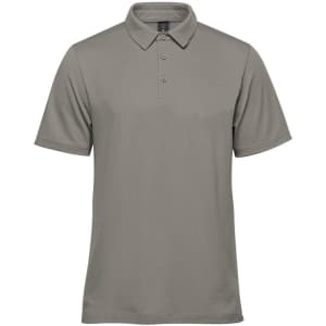 A men's short-sleeve polo in grey, featuring a classic collar and three-button placket. It has a logo on the chest.