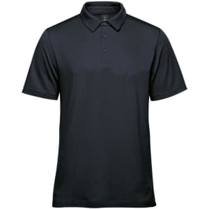 A navy blue men's polo shirt featuring a collar, short sleeves, and a logo on the chest.