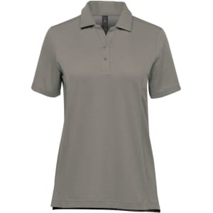A women's short-sleeve polo shirt in grey, featuring a collar and a logo on the side.