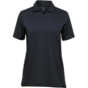 A women's navy blue micro pique polo shirt featuring a classic collar and button placket, with a logo on the chest.