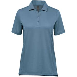 A women's polo shirt in a soft blue hue, featuring a collar and two-button placket, with a logo.