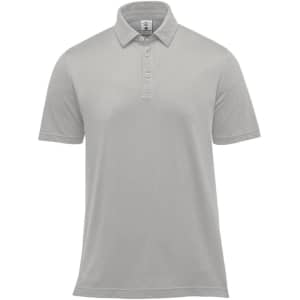 A light grey men's polo shirt with a classic collar and short sleeves, featuring a logo on the chest.