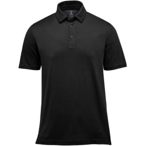 A black polo shirt featuring a collar, short sleeves, and a logo. Suitable for casual or smart casual wear.
