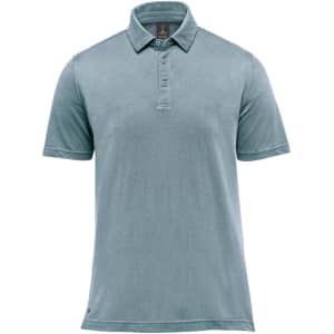 A light blue short-sleeve polo shirt with a collar and a logo. The fabric has a subtle texture.