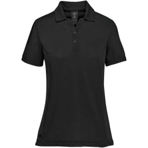 A black women's polo shirt featuring a collar and buttons, with a logo on the side.