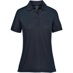 A dark navy women's polo shirt with a collared neck and short sleeves. It features buttons and a logo.