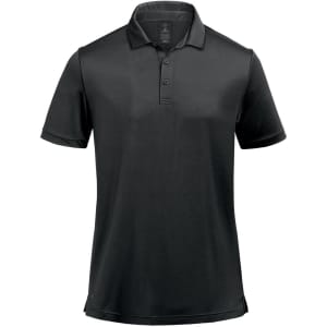A black men's polo shirt with a collar and short sleeves, featuring a logo.