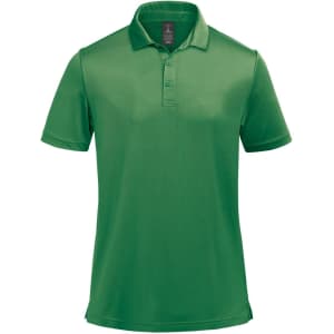 A green men's polo shirt featuring a collar and a logo on the chest area.