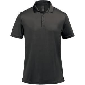 A black men's polo shirt featuring a collar, three buttons, and a logo on the chest.