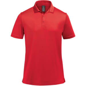 A red polo shirt with a collar and short sleeves, featuring a logo on the chest.