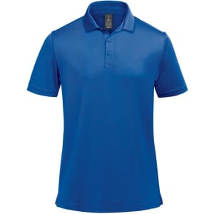 A blue men's polo shirt with a classic collar and buttons, featuring a logo.