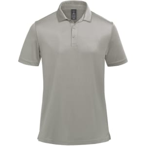 A grey polo shirt featuring a collar and three buttons, with a logo on the upper left side.
