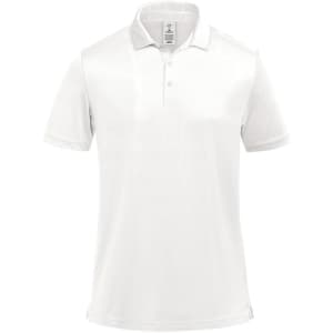 A white men's polo shirt featuring a classic collar and a logo on the chest.