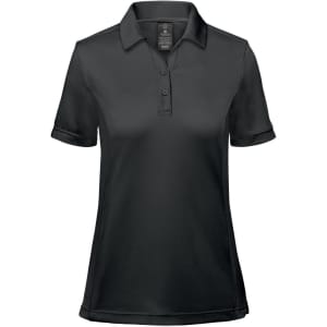 A black women's polo shirt with a classic collar and short sleeves, featuring a logo on the chest.