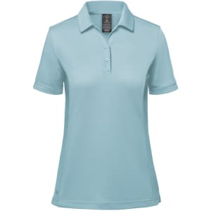A light blue women's polo shirt with a collar and short sleeves. Features a logo on the design.
