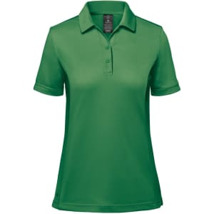 A green women's polo shirt with a collar and short sleeves, featuring a logo on the chest.