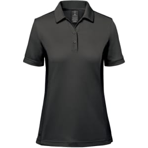 A women's short-sleeve polo shirt in black with a collar and a branding logo.