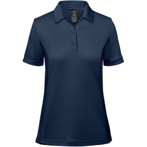 A women's polo shirt in navy blue with a classic collar, short sleeves, and a discreet logo.