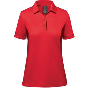A red women's polo shirt with a collar and short sleeves, featuring a branding logo.