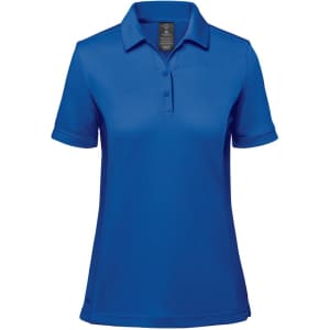A blue women's polo shirt with a collared neckline and short sleeves, featuring a logo.