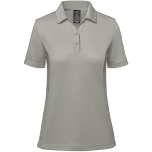 A women's polo shirt in a light grey colour. It features a collar, short sleeves, and has a branding logo.
