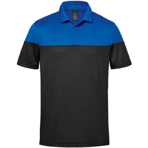 A men's polo shirt with a blue and black two-tone design, featuring a collar and buttons, along with a logo.