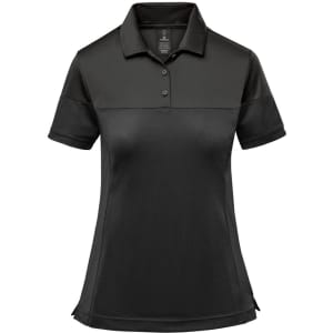 A women's two-tone polo shirt in black, featuring a collared neckline and short sleeves. It includes a logo.
