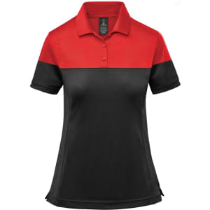 A women's polo shirt in black and red, featuring a two-tone design and a logo on the chest.