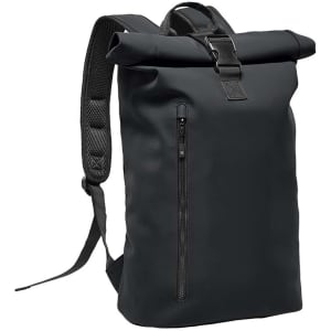 A sleek black Sargasso Backpack featuring a roll-top design and a side zip pocket, with padded shoulder straps.